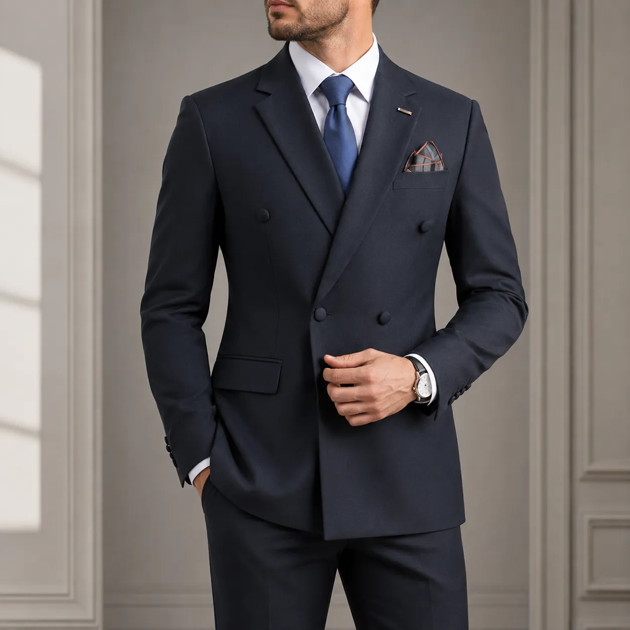 Blazer sur mesure pour homme, style italien, double boutonnage, 4 boutons, col en V, coupe ajustée, costume formel pour affaires et mariage